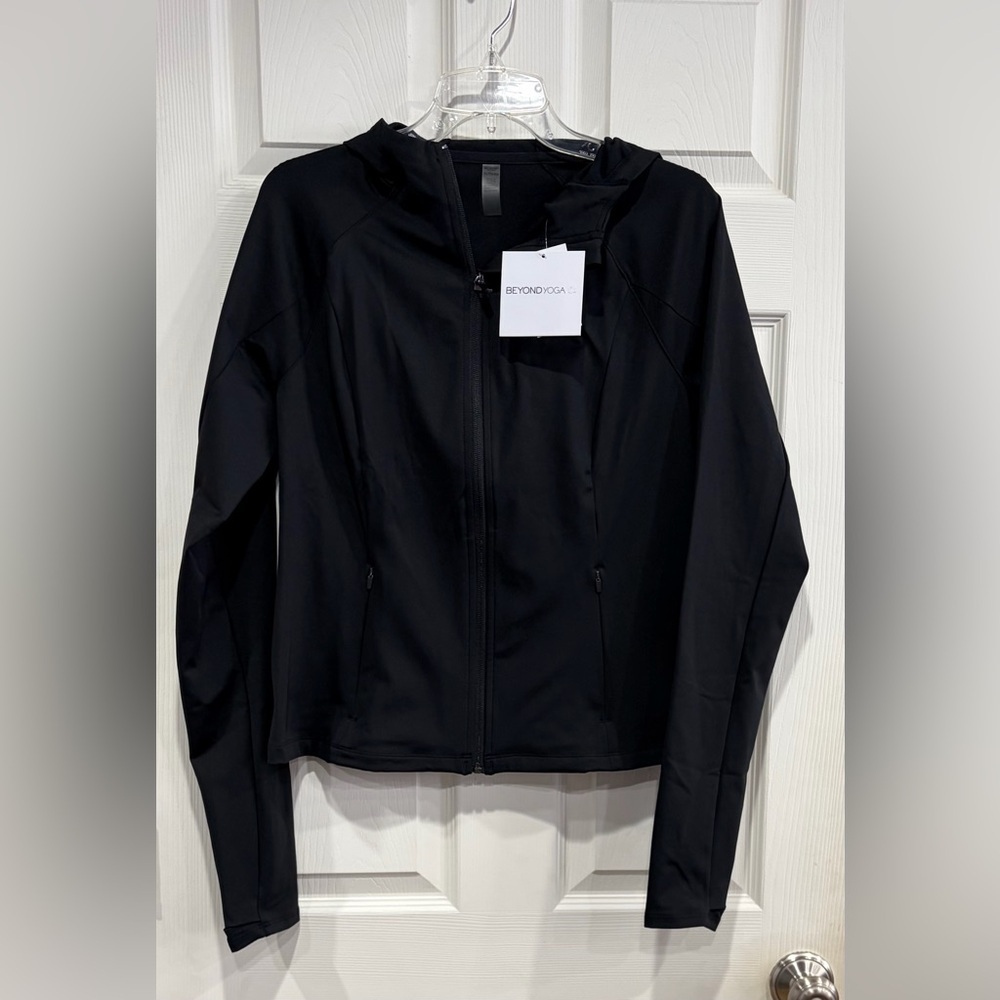 Beyond Yoga Women's XL Pacer Fleece-Backed Full Zip Jacket Black White NWT